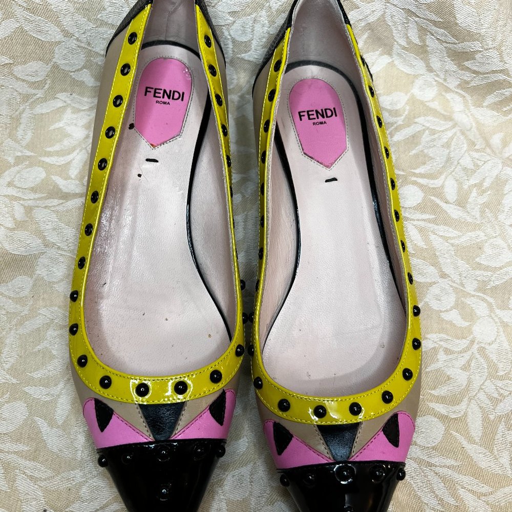 Fendi Black Bug Pointed Toe Studded Flat Color Block Shoe Made in Italy Size 38